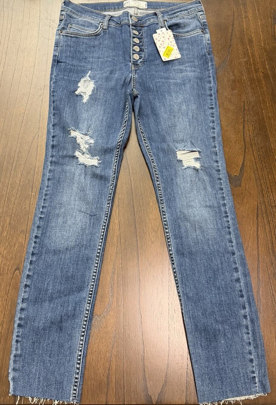 NEW Free People Womens Destroyed Button Fly Skinny Jeans Blue Size 30 NWT $78